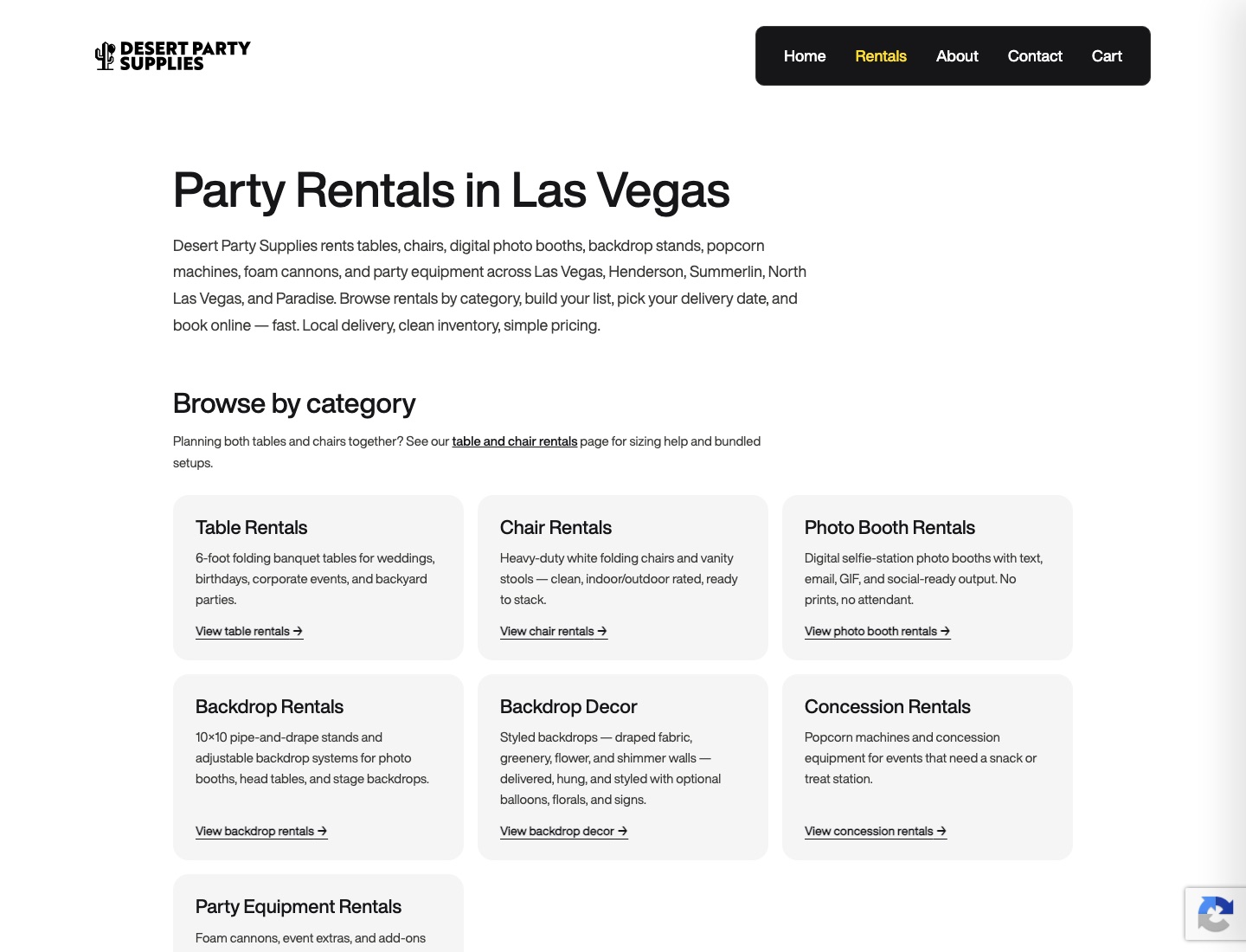 Desert Party Supplies rental catalog by category