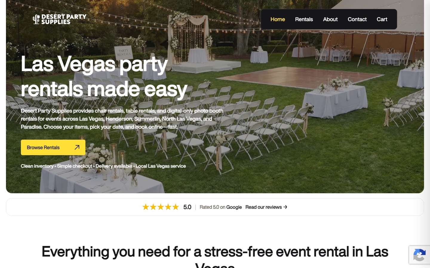 Desert Party Supplies booking site homepage