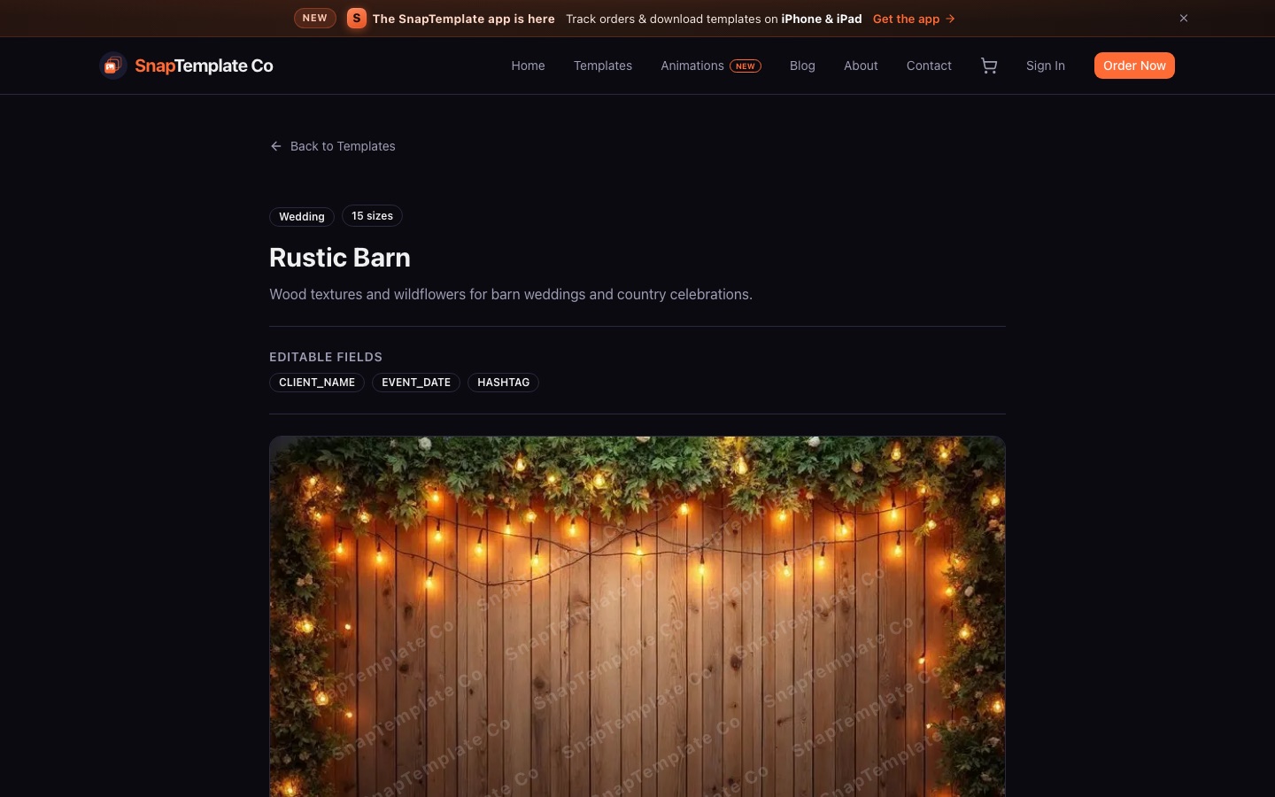 SnapTemplate template page — rustic barn, editable fields