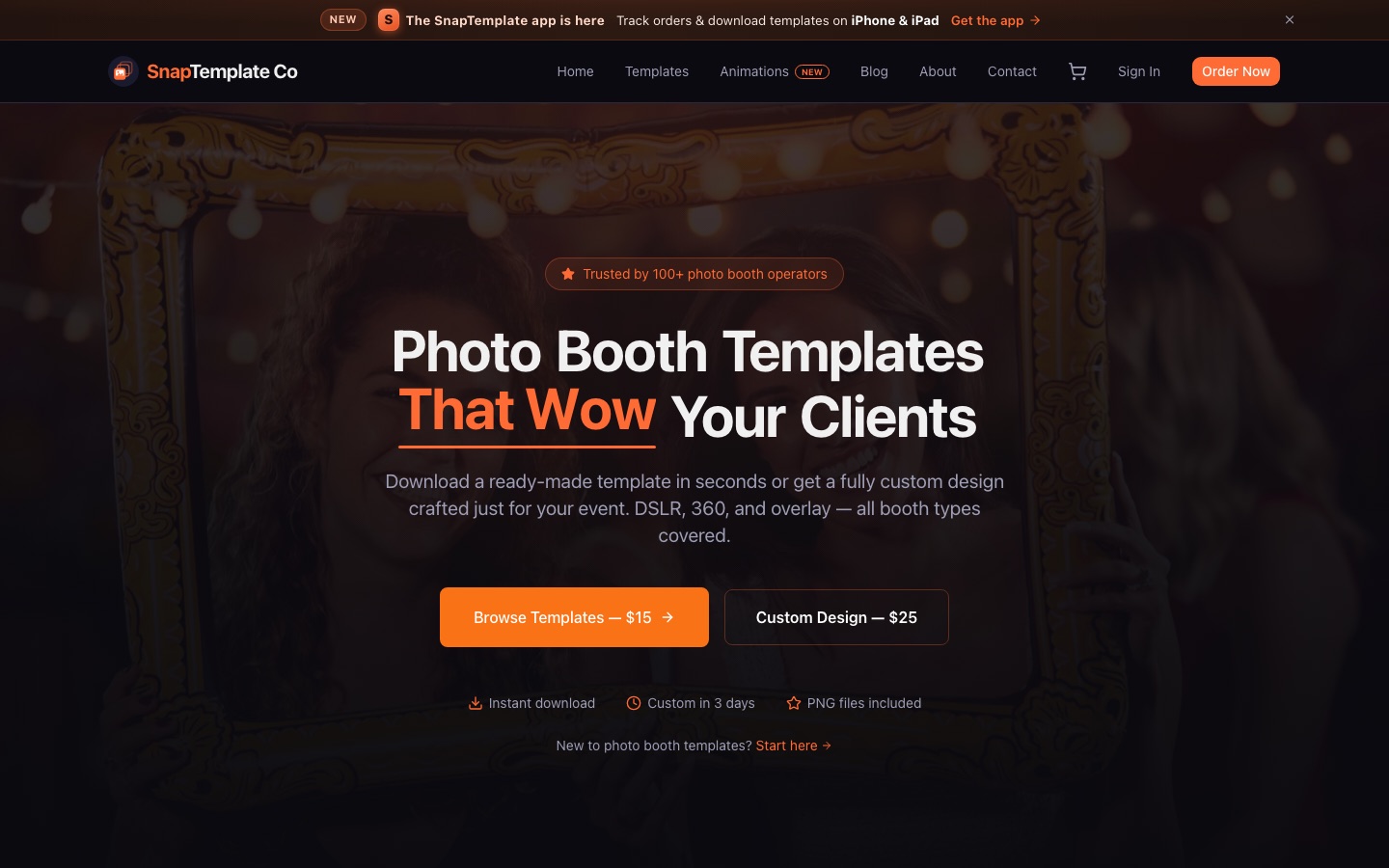 SnapTemplate Co homepage — photo booth templates