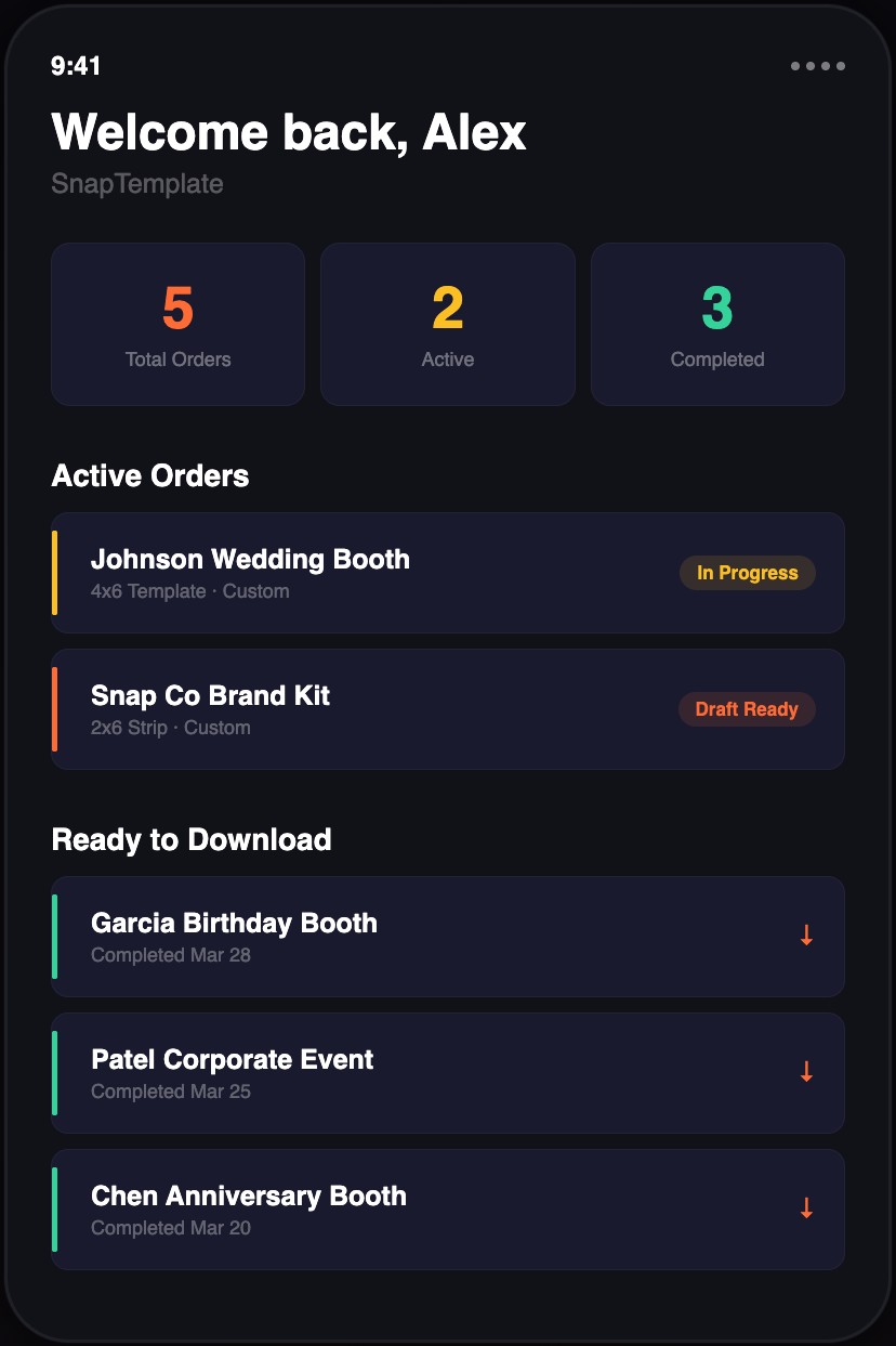 SnapTemplate iOS app — order dashboard