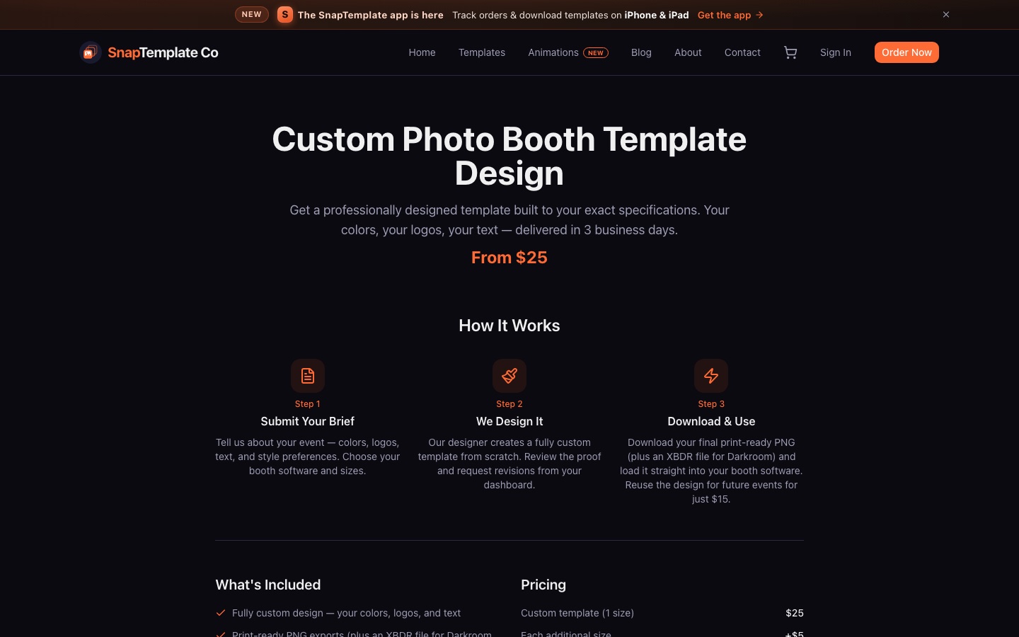 SnapTemplate custom order and download flow